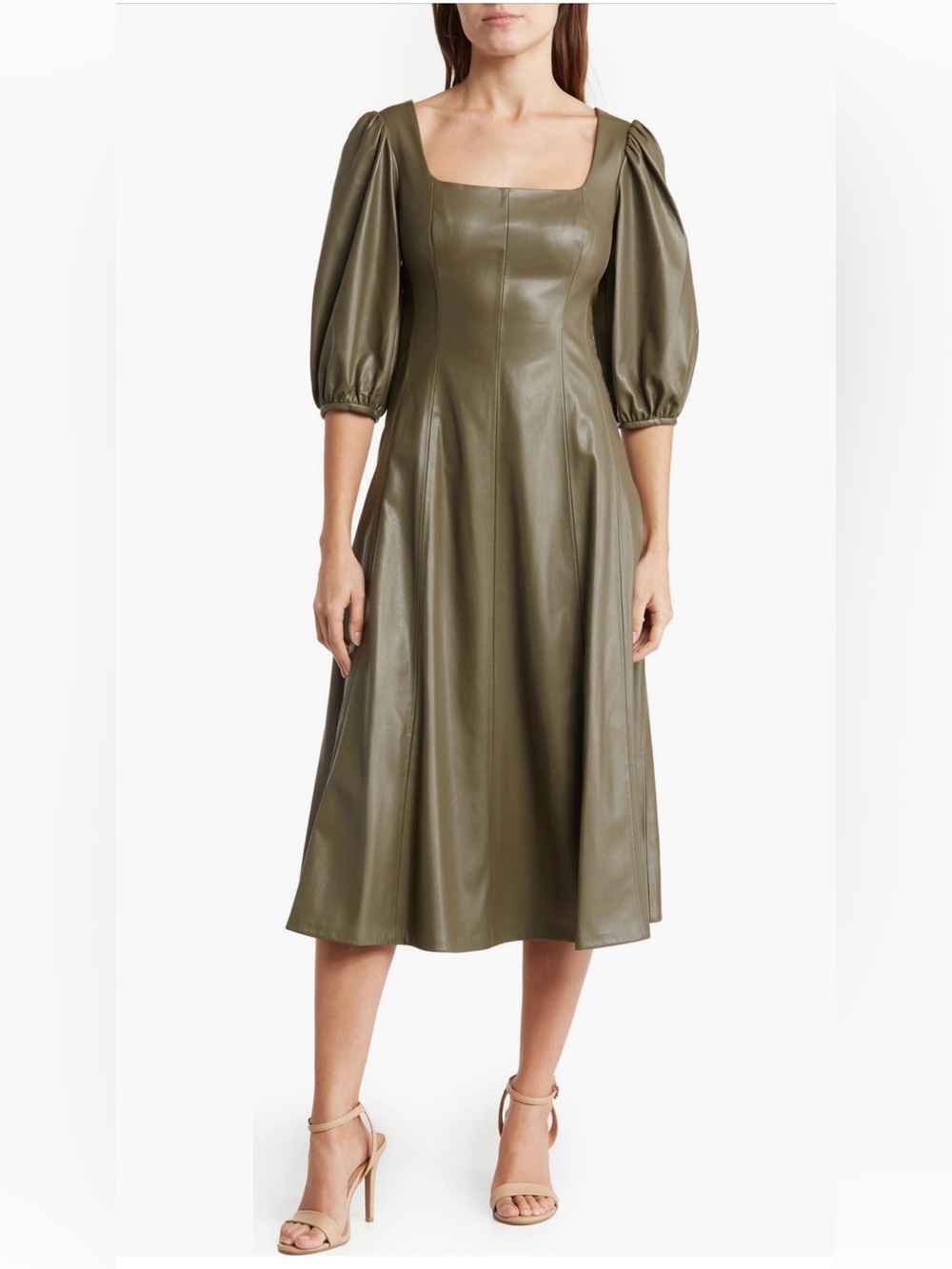 Calvin Klein Faux Leather Midi Dress Olive Green Size 14
